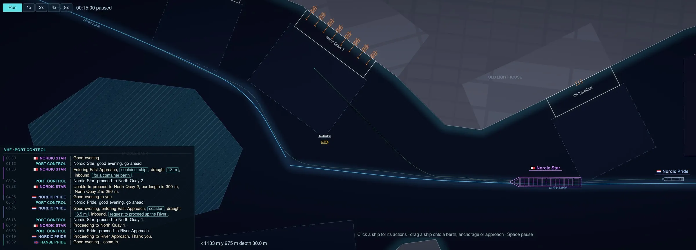 The game's map at night: lit lanes run past North Quay and its cranes, the container ship Nordic Star follows the entry lane, and the VHF log lists the radio calls.